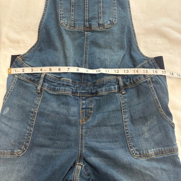 Indigo Blue Womens Distressed Navy Denim Overalls Size L Stretchy Side Panels - Picture 8 of 13